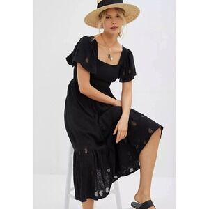 NWT Anthropologie Zohara Midi Dress Medium Black Boho Prairie Smocked Cottage